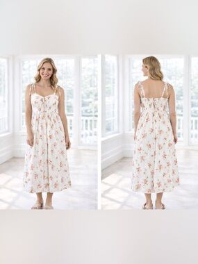Cotton White Floral Tie-Shoulder Midi Dress size Small EUC